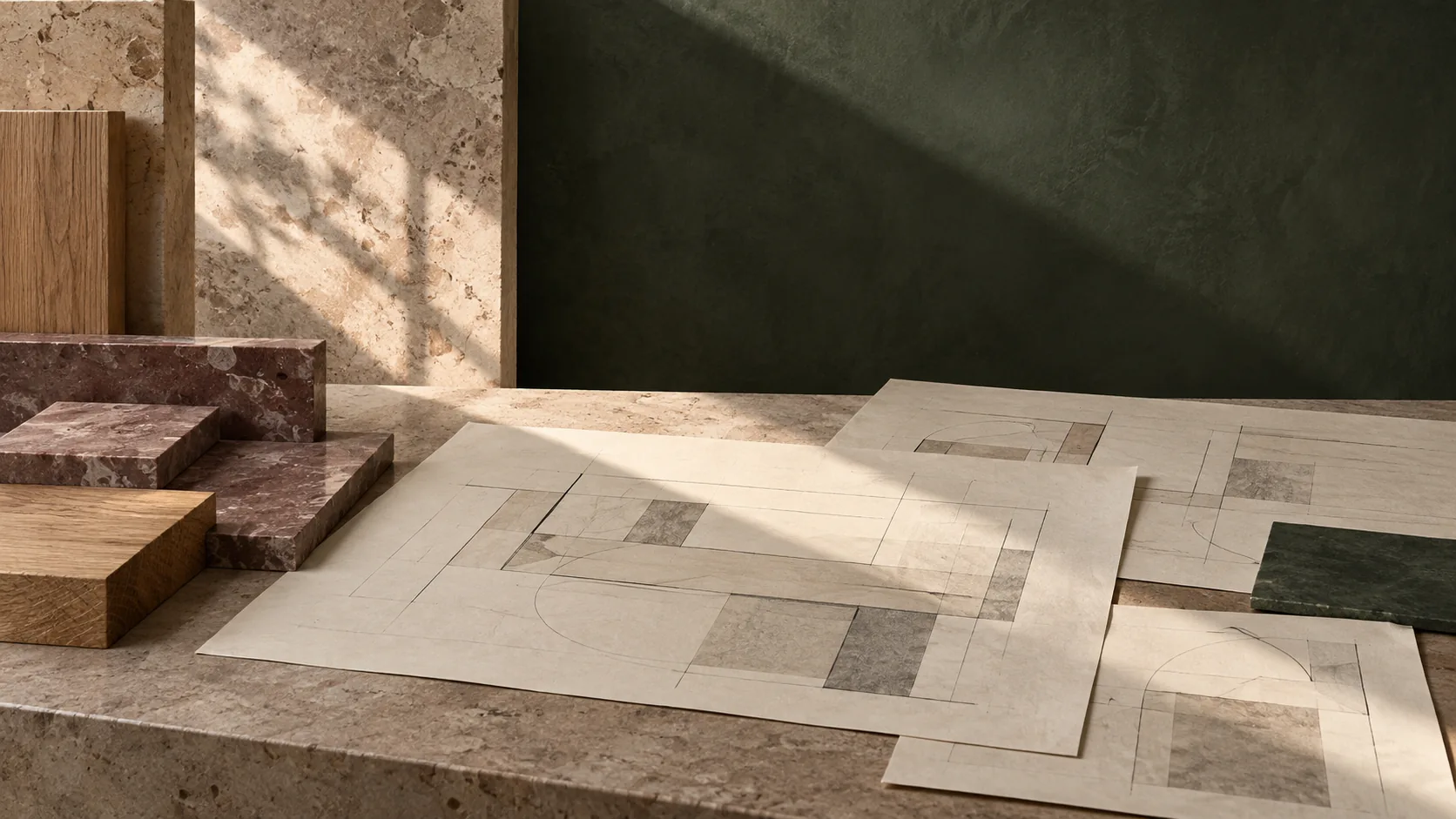 Illustration d’ambiance montrant des matières et des plans architecturaux abstraits.